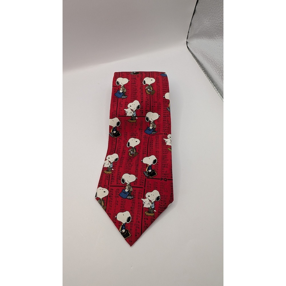 Vtg Peanuts Snoopy Men's Silk Tie Bull Bear & Beagle Stock Market Finance Red